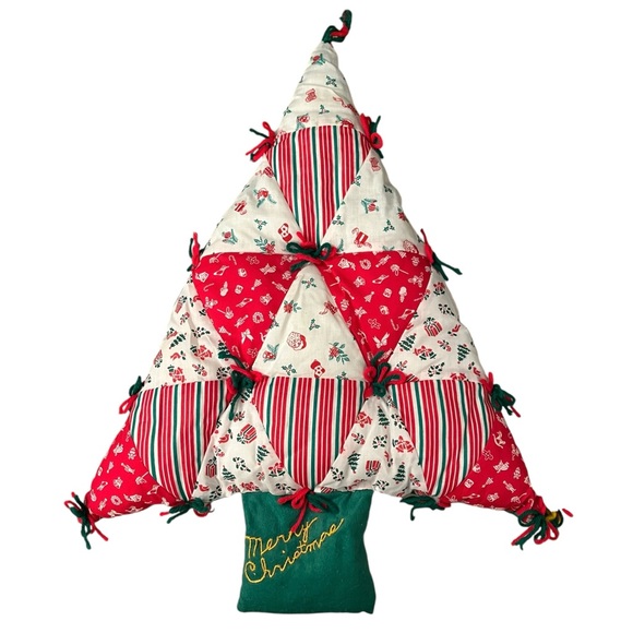 2 Quilted Patchwork Christmas Trees 22” Wall Hangings Pillows Vintage Kitsch - Picture 3 of 13